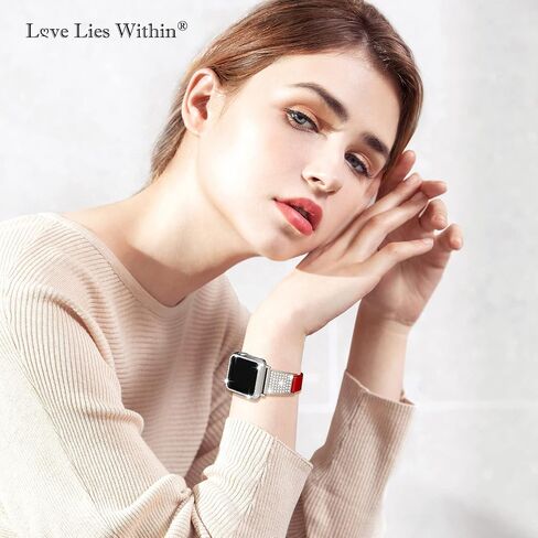 Luxury Bling Band with Case Compatible with Apple Watch Band 38mm 40mm 41mm 42mm 44mm 45mm iWatch Series 8 7 6 5 4 3 2 1 SE Women Comfortable Top Grain Leather Diamond Wristband Strap in Saudi Arabia