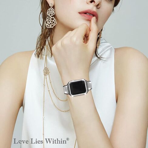 Luxury Bling Band with Case Compatible with Apple Watch Band 38mm 40mm 41mm 42mm 44mm 45mm iWatch Series 8 7 6 5 4 3 2 1 SE Women Comfortable Top Grain Leather Diamond Wristband Strap in Saudi Arabia