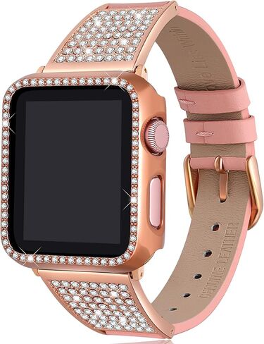 Luxury Bling Band with Case Compatible with Apple Watch Band 38mm 40mm 41mm 42mm 44mm 45mm iWatch Series 8 7 6 5 4 3 2 1 SE Women Comfortable Top Grain Leather Diamond Wristband Strap in Saudi Arabia