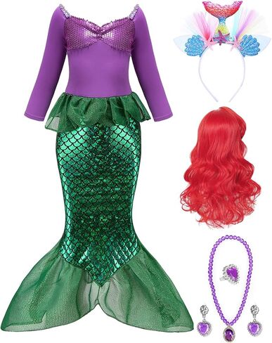 Oumbivil Little Mermaid Ariel Costume for Grils Halloween Costumes Princess Dress Cosplay with Wig,Headband,Necklace Gloves in Saudi Arabia