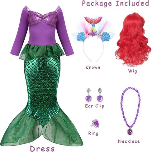 Oumbivil Little Mermaid Ariel Costume for Grils Halloween Costumes Princess Dress Cosplay with Wig,Headband,Necklace Gloves in Saudi Arabia