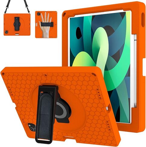 حافظة لجهاز iPad Pro 12.9 بوصة 2022/2021/2020/2018 (الجيل السادس/الخامس/الرابع/الثالث) مع حامل أقلام، حافظة حماية كاملة للجسم لجهاز iPad Air 13 بوصة 2024 مع حزام يد وحامل يدوران 360 درجة، برتقالي in Saudi Arabia