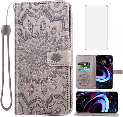 Asuwish Phone Case for Motorola Moto Edge 2021/MotoEdge 5G UW Wallet with Tempered Glass Screen Protector and Leather Slim Flip Cover Card Holder Stand Cell Accessories MotoEdge5GUW Women Men Gray in Kuwait