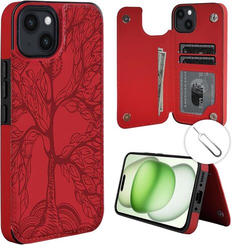 Schafile iPhone 15 Pro Max 6.7 Inch Case Embossed Tree PU Leather Wallet Back Cover Stand Function Card Slot Case Cover for iPhone 15 Pro Max 6.7 Inch 2023 Brown in Saudi Arabia