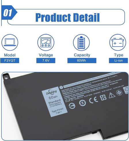 Dentsing 60Wh F3YGT بطارية كمبيوتر محمول لـ Dell Latitude 12 7000 7280 7290/13 7000 7380 7390 P29S002/14 7000 7480 7490 P73G002 Series DM3WC DM6WC 2X39G KG7VF 451-BBYE 453-BBC F 7.6 فولت 4 خلايا in Saudi Arabia