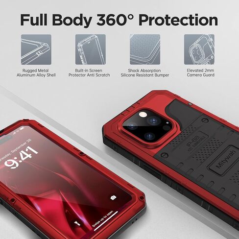 Mitywah Waterproof Case for iPhone 14 Pro Max, Heavy Duty Shockproof Case with Built-in Screen Protector, Full Body Underwater Protective Metal Case 6.7 inch, Red in Saudi Arabia