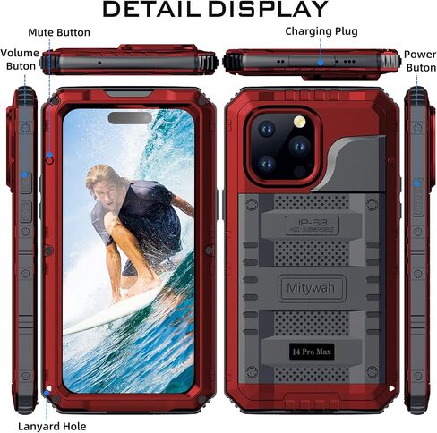 Mitywah Waterproof Case for iPhone 14 Pro Max, Heavy Duty Shockproof Case with Built-in Screen Protector, Full Body Underwater Protective Metal Case 6.7 inch, Red in Saudi Arabia
