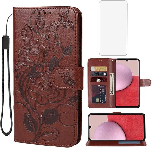 Case for Galaxy A14 Case, Samsung A14 5G SM-A146U Wallet Case with Tempered Glass Screen Protector, Flower Leather Flip Credit Card Holder Stand Phone Cover for Samsung Galaxy A14 Brown in Kuwait
