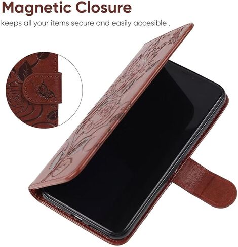 Case for Galaxy A14 Case, Samsung A14 5G SM-A146U Wallet Case with Tempered Glass Screen Protector, Flower Leather Flip Credit Card Holder Stand Phone Cover for Samsung Galaxy A14 Brown in Kuwait