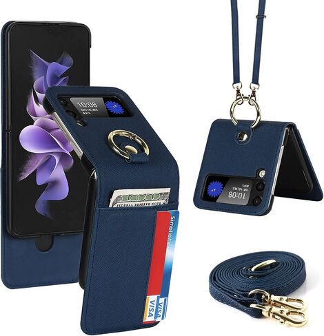 Cavor for Samsung Galaxy Z Flip 3 Case with Card Holder, Anti-Drop,Full Protection,Leather Case with Ring Removable Strap Shockproof Case- Blue in Saudi Arabia