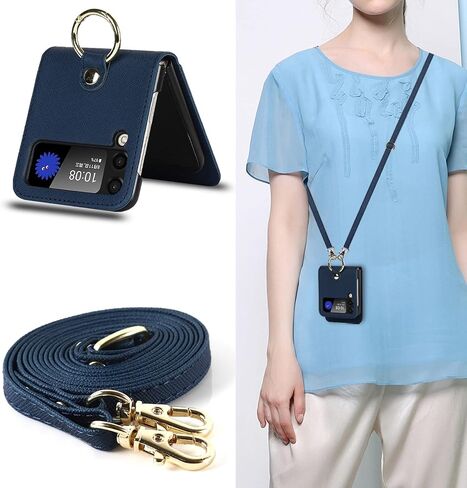 Cavor for Samsung Galaxy Z Flip 3 Case with Card Holder, Anti-Drop,Full Protection,Leather Case with Ring Removable Strap Shockproof Case- Blue in Saudi Arabia