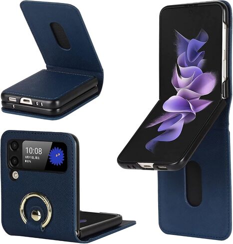 Cavor for Samsung Galaxy Z Flip 3 Case with Card Holder, Anti-Drop,Full Protection,Leather Case with Ring Removable Strap Shockproof Case- Blue in Saudi Arabia