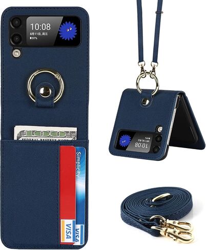 Cavor for Samsung Galaxy Z Flip 3 Case with Card Holder, Anti-Drop,Full Protection,Leather Case with Ring Removable Strap Shockproof Case- Blue in Saudi Arabia
