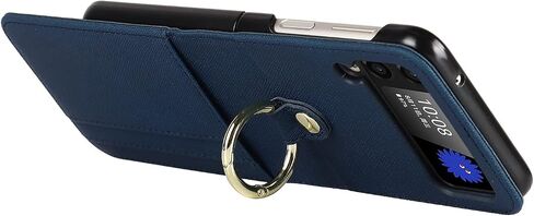 Cavor for Samsung Galaxy Z Flip 3 Case with Card Holder, Anti-Drop,Full Protection,Leather Case with Ring Removable Strap Shockproof Case- Blue in Saudi Arabia