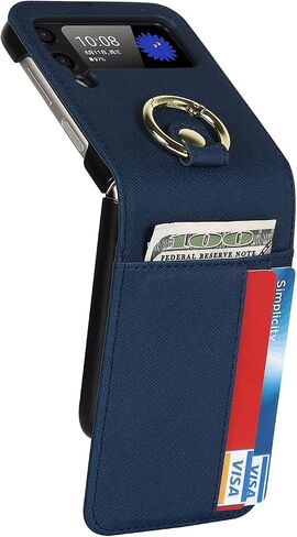 Cavor for Samsung Galaxy Z Flip 3 Case with Card Holder, Anti-Drop,Full Protection,Leather Case with Ring Removable Strap Shockproof Case- Blue in Saudi Arabia
