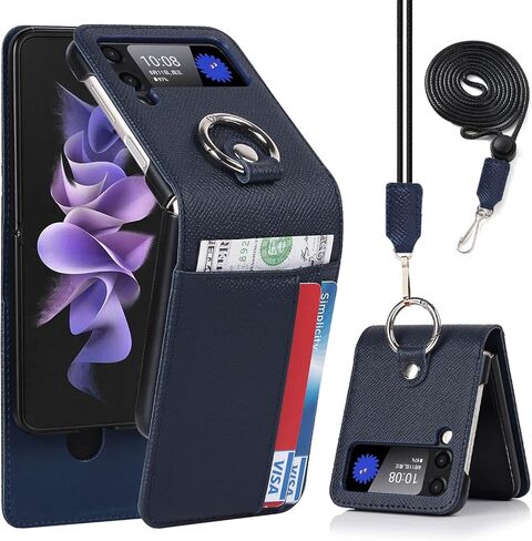 حافظة كافور لهاتف سامسونج جالاكسي Z فليب 3 مع حامل بطاقات، مضادة للسقوط، حماية كاملة، حافظة جلدية مع حزام دائري قابل للإزالة مقاوم للصدمات - أزرق in Kuwait