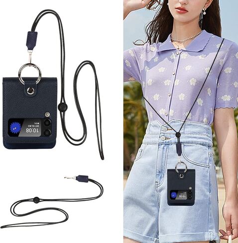 حافظة كافور لهاتف سامسونج جالاكسي Z فليب 3 مع حامل بطاقات، مضادة للسقوط، حماية كاملة، حافظة جلدية مع حزام دائري قابل للإزالة مقاوم للصدمات - أزرق in Kuwait