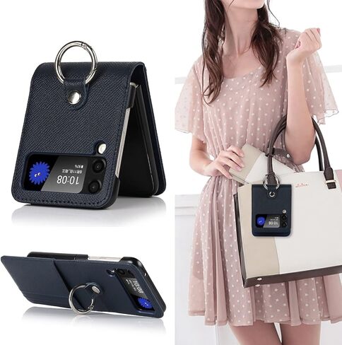 حافظة كافور لهاتف سامسونج جالاكسي Z فليب 3 مع حامل بطاقات، مضادة للسقوط، حماية كاملة، حافظة جلدية مع حزام دائري قابل للإزالة مقاوم للصدمات - أزرق in Kuwait