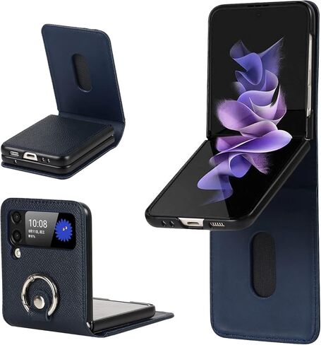 حافظة كافور لهاتف سامسونج جالاكسي Z فليب 3 مع حامل بطاقات، مضادة للسقوط، حماية كاملة، حافظة جلدية مع حزام دائري قابل للإزالة مقاوم للصدمات - أزرق in Kuwait