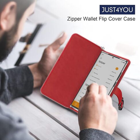 حافظة JUST4YOU لهاتف Galaxy Note 20 بسحاب مع حامل بطاقة حزام وغطاء قلاب من جلد البولي يوريثان الفاخر (أحمر) CS_FC_ZW_GN20_RD in Saudi Arabia