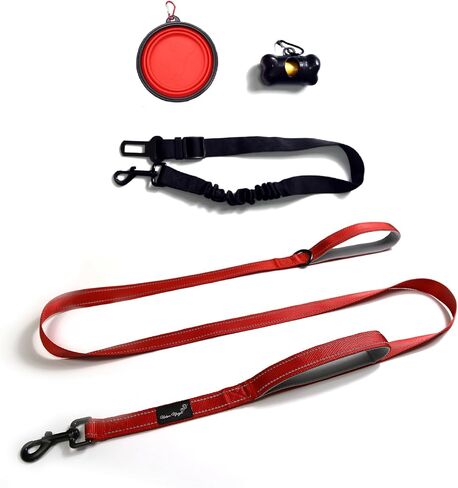 Urban Upstyle Training & Traffic Dog Leash: Lightweight 6ft Webbing Reflective Threads Two Padded Handles for Control Suitable for Small to Large Dogs Includes Seat Belt Water Bowl Poop Dispenser. in Saudi Arabia