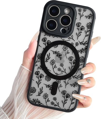 Magnetic for iPhone 16 Pro Case,Compatible with MagSafe, Black Flower Floral Design iPhone 16 Pro Case for Women Girls, Slim Shockproof Soft TPU Bumper Hard PC Back Phone Case - Black Floral in Saudi Arabia