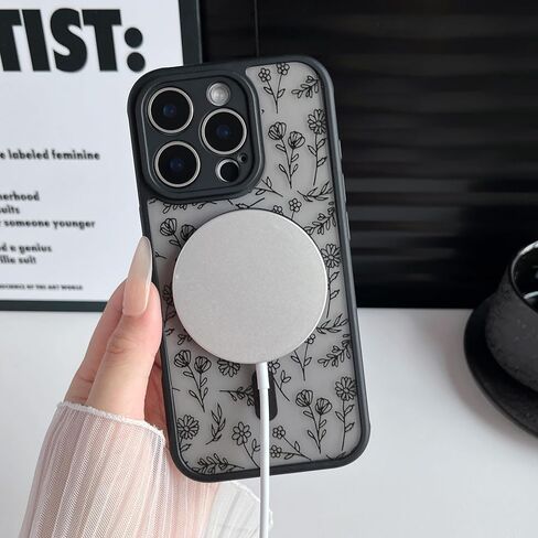 Magnetic for iPhone 16 Pro Case,Compatible with MagSafe, Black Flower Floral Design iPhone 16 Pro Case for Women Girls, Slim Shockproof Soft TPU Bumper Hard PC Back Phone Case - Black Floral in Saudi Arabia