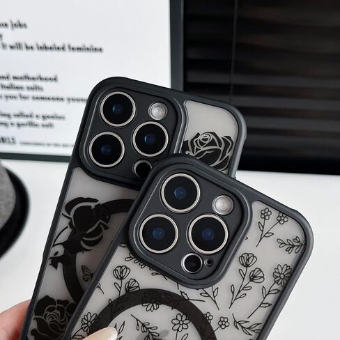 Magnetic for iPhone 16 Pro Case,Compatible with MagSafe, Black Flower Floral Design iPhone 16 Pro Case for Women Girls, Slim Shockproof Soft TPU Bumper Hard PC Back Phone Case - Black Floral in Saudi Arabia