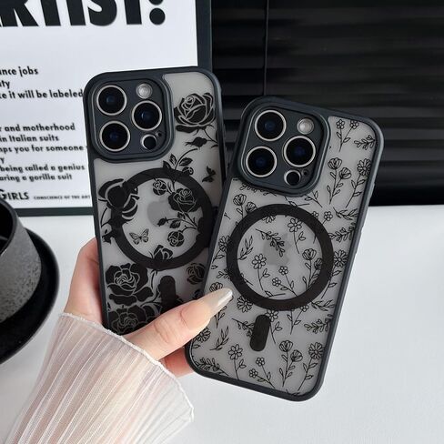 Magnetic for iPhone 16 Pro Case,Compatible with MagSafe, Black Flower Floral Design iPhone 16 Pro Case for Women Girls, Slim Shockproof Soft TPU Bumper Hard PC Back Phone Case - Black Floral in Saudi Arabia