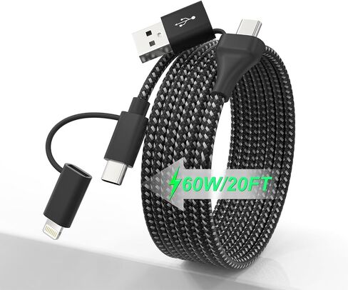 20ft USB C Cable for iPhone Charger Cord - 4 in 1 USB A/C to USB C/ Lightning Cable for iPhone 15, Galaxy S23, 60W Fast Charging Data Sync MFi Certified Nylon Braided Extra Long USB C Cable 20 FT in Saudi Arabia