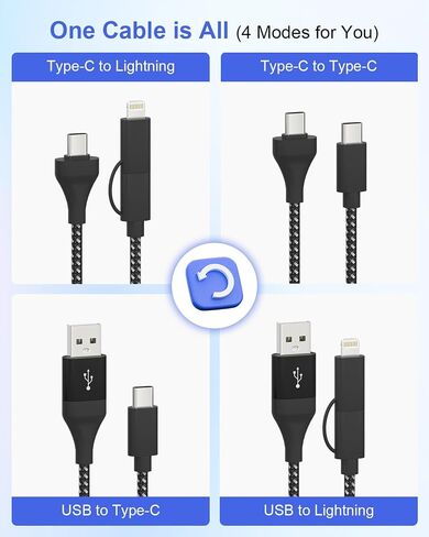 20ft USB C Cable for iPhone Charger Cord - 4 in 1 USB A/C to USB C/ Lightning Cable for iPhone 15, Galaxy S23, 60W Fast Charging Data Sync MFi Certified Nylon Braided Extra Long USB C Cable 20 FT in Saudi Arabia