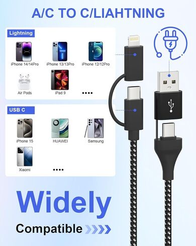 20ft USB C Cable for iPhone Charger Cord - 4 in 1 USB A/C to USB C/ Lightning Cable for iPhone 15, Galaxy S23, 60W Fast Charging Data Sync MFi Certified Nylon Braided Extra Long USB C Cable 20 FT in Saudi Arabia