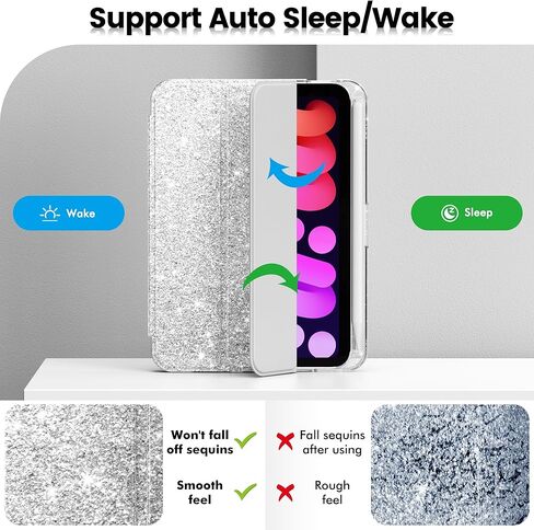 INFILAND for iPad Mini 7th (A17 Pro) / 6th Generation Case 2024/2021, iPad Mini 6/7 Case 8.3 Inch, Glitter Cute Protective Cover with Clear Sparkle Back, Pencil Holder for Kids Girls, White in Kuwait