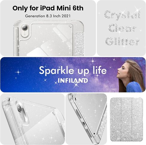INFILAND for iPad Mini 7th (A17 Pro) / 6th Generation Case 2024/2021, iPad Mini 6/7 Case 8.3 Inch, Glitter Cute Protective Cover with Clear Sparkle Back, Pencil Holder for Kids Girls, White in Kuwait