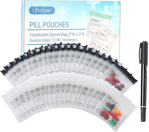 Serfeymi 48 Pcs Zippered Pill Pouches Organizer Plastic Bags 3 X 3 Inches 12 mil Self Sealing with Slide Lock Writable label Translucent Travel Medicine Storage Bag Case and 1 Pc Marker-Green+Blue in Saudi Arabia