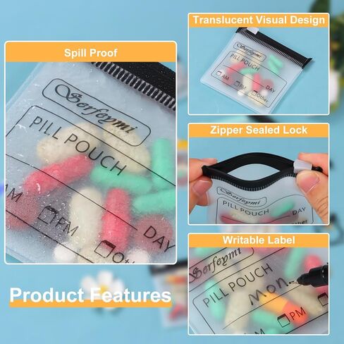 Serfeymi 48 Pcs Zippered Pill Pouches Organizer Plastic Bags 3 X 3 Inches 12 mil Self Sealing with Slide Lock Writable label Translucent Travel Medicine Storage Bag Case and 1 Pc Marker-Green+Blue in Saudi Arabia