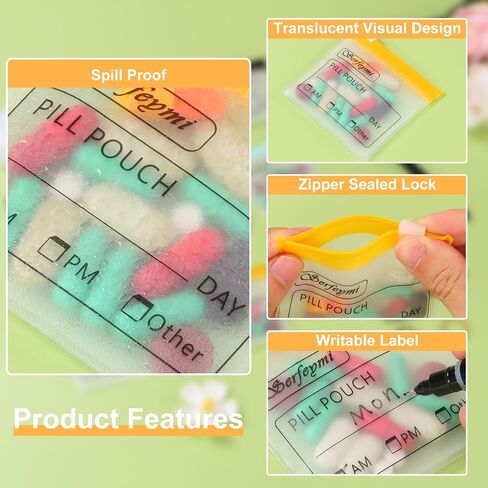 Serfeymi 48 Pcs Zippered Pill Pouches Organizer Plastic Bags 3 X 3 Inches 12 mil Self Sealing with Slide Lock Writable label Translucent Travel Medicine Storage Bag Case and 1 Pc Marker-Green+Blue in Saudi Arabia