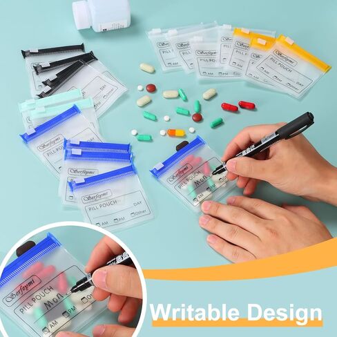 Serfeymi 48 Pcs Zippered Pill Pouches Organizer Plastic Bags 3 X 3 Inches 12 mil Self Sealing with Slide Lock Writable label Translucent Travel Medicine Storage Bag Case and 1 Pc Marker-Green+Blue in Saudi Arabia