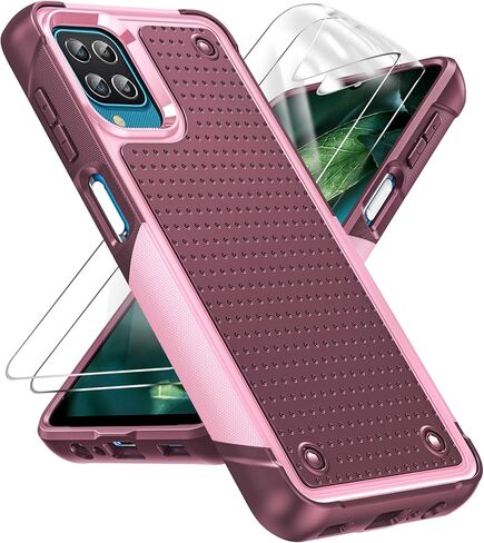 حافظة هاتف LeYi لهاتف Samsung Galaxy A12، حافظة هاتف Samsung A12 مع 2 واقي شاشة، طبقة مزدوجة واقية من البولي كربونات الصلب وحافظة ناعمة مقاومة للصدمات لهاتف Galaxy A12، أحمر وردي in Kuwait