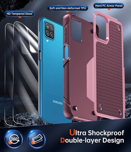 حافظة هاتف LeYi لهاتف Samsung Galaxy A12، حافظة هاتف Samsung A12 مع 2 واقي شاشة، طبقة مزدوجة واقية من البولي كربونات الصلب وحافظة ناعمة مقاومة للصدمات لهاتف Galaxy A12، أحمر وردي in Kuwait