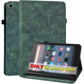 for Kindle Fire HD 10 Case 9th/7th/5th Generation 10.1 Inch (2019/2017/2015),Embossed Lace Flower PU Leather Folio Wallet Shockproof Cover with Pen Holder Elastic Band 10.1" - Green