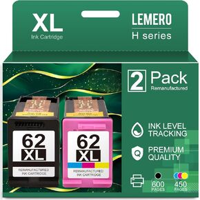 LEMERO 62XL Ink Cartridges Black and Color Remanufactured Ink Cartridge Replacement for HP Ink 62 62XL for HP 62XL Ink Cartridge Combo Pack Work with HP Envy 7640 5540 5660 7645 OfficeJet 250 200 5740