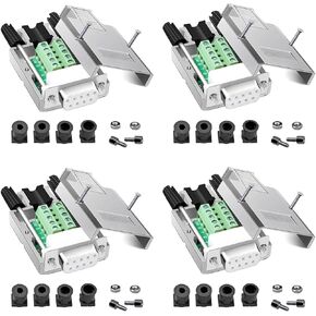 4PCS (2PCS Male 2PCS Female) DB9 Metal Shell Solderless Connector,RS232 D-SUB Serial to 9-pin Port Plug Terminal Block Breakout Board with Case Long Bolts Tail Pipes