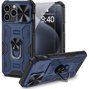NULETO for iPhone 15 Pro Max Case with Rotatable Kickstand, Slid Camera Cover and Screen Protector, Magnetic Protective Phone Case for iPhone 15 ProMax 6.7 with Ring Holder Stand and Magnet, Black