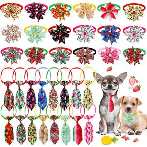 32pcs Summer Dog Collar Bow Ties, Bulk Adjustable 16pcs Small Dog Bow Ties and 16pcs Dog Neck Ties, Hawaii Fruit Dog Collar Bowties for Small Medium Dog Collar Grooming Accessories