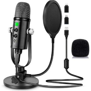 USB Microphone Condenser Computer PC Gaming Mic Podcast Microphone Kit for Streaming,Recording,Vocals,ASMR,Voice,Cardioid Studio Microphone for Phone/Pad/Android/MAC/Laptop/PS4/USB C Phone,YouTube
