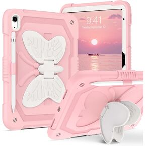 DUEDUE for iPad 10th Generation 10.9 inch 2022 Case, Butterfly Wings Kickstand 3D Heavy Duty Rugged Shockproof Full Body Protective Tablet Case for iPad 10.9 Inch 10th Gen for Kids, Beige/Blue