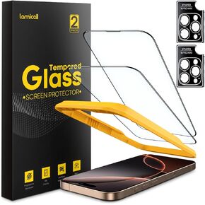 Lamicall 2+2 for iPhone 16 Pro Screen Protector (6.3") with Camera Lens Protector, [Top 9H Tempered Glass Film], Easy Alignment, Anti-Scratch, 0 Bubbles, HD Clear for iPhone 16 Pro - [2-Pack Each]