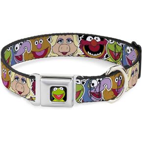 Dog Collar Seatbelt Buckle Muppets Faces Close Up Black 15 to 26 Inches 1.0 Inch Wide