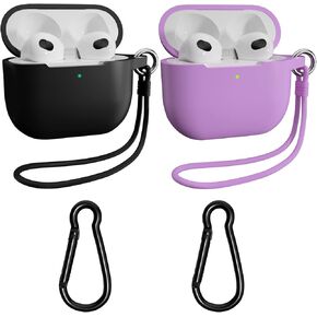 حافظة AirPods 3 مع سلسلة مفاتيح، عبوتين من غطاء الجلد الواقي الكامل وإكسسوارات حزام اليد من السيليكون للنساء والرجال والفتيات مع Apple 2021 أحدث AirPods الجيل الثالث (أزرق داكن وعنابي)